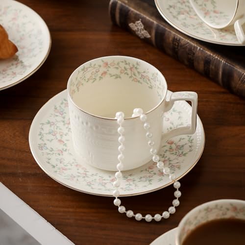 Country Roses Porcelain Tea Cup and Saucer Set with Gold Trim