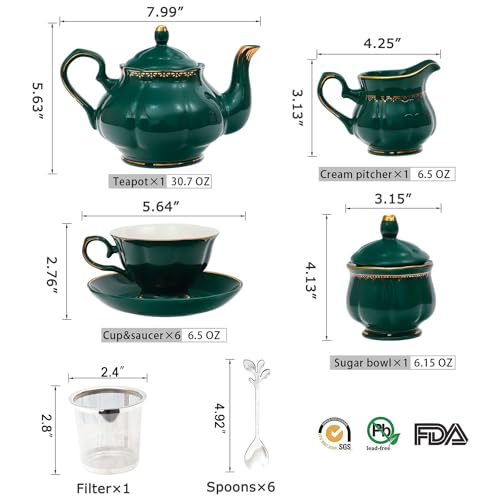 Tea Set 22 Piece Porcelain Ceramic Coffee Tea Sets Cups Saucer Service for 6 Teapot Sugar Bowl Creamer Pitcher and Teaspoons Porcelain Tea Set (22 Count)