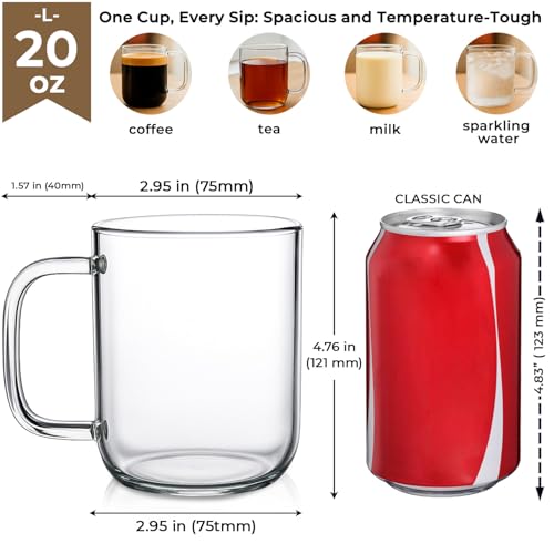 20oz Glass Coffee Mugs Set of 2 (2 Count)