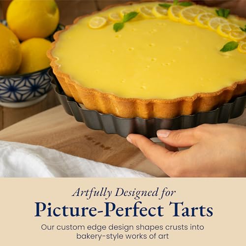 All-in-One Fluted Tart Pan 9 Inch Removable Bottom Set with Patented Silicone Crust Shaper & Pie Weight | Nonstick Carbon Steel Quiche Baking Dish & Tart Molds for Baking - PFOA & PTFE-Free