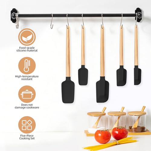 Wooden Handle Silicone Rubber Spatula Set 5 Piece for Kitchen Baking (5 Count)