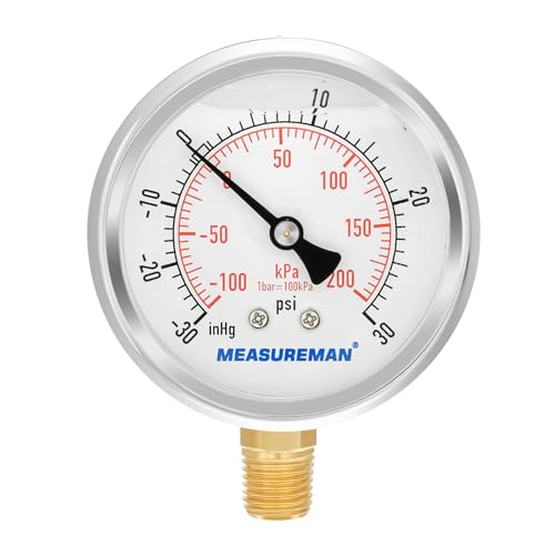 2-1/2" dial,Glycerin Filled, Stainless Steel case, Brass Inside, 30inHg/-100kpa-0-30psi/200kpa,1/4" NPT Lower Mount