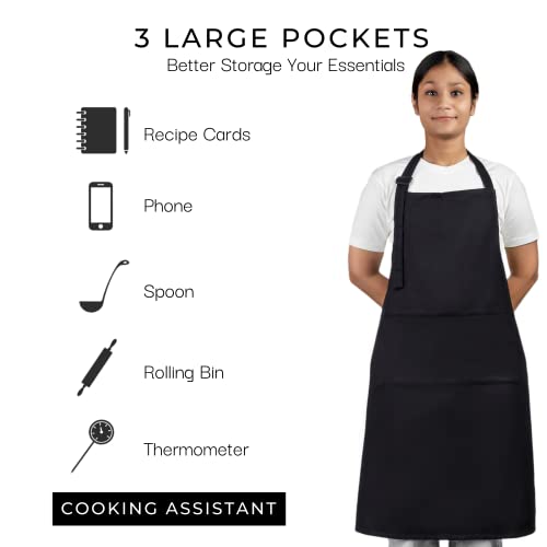 RAJRANG Black Apron Chef for Men and Women with Pockets Cotton Kitchen Cooking Full Aprons 35x27 Inches Pack of 5 (5 Count)