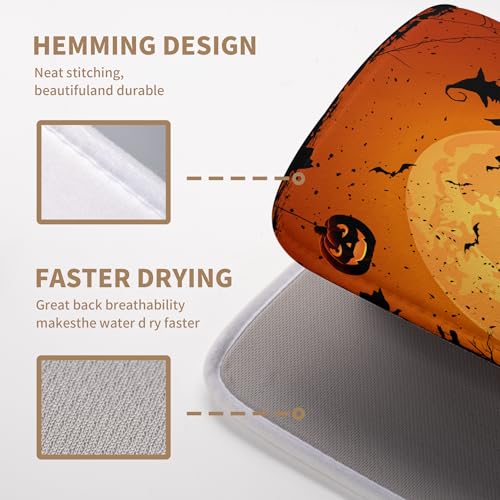 Happy Halloween Dish Drying Mat Fall Pumpkin Witch Dishes Draining Mats Spooky Castle Coffee Bar Bats Trick or Treat Dish Drying Pad Self Fast Absorbent Dryer Mat for Kitchen Countertop