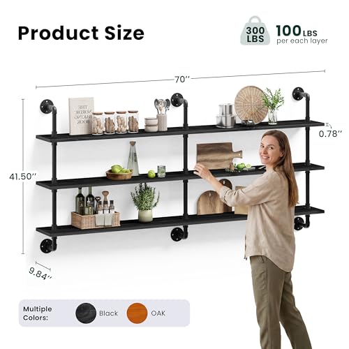 Floating Shelves 70 inch Wall Bookshelf Industrial Pipe Shelving Shelves Real Wood Planks Rustic Wall Shelves Hanging Bookshelves Farmhouse Kitchen Bar Shelving
