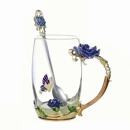 Tea Cup Gifts for Mom Women Mothers Day Glass Coffee Enamels Mug Birthday Butterfly Rose Gifts for Her Valentines Day Christmas Tea Cup with Spoon