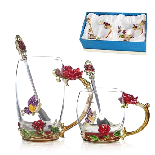 Glass Fancy Tea Cup Set Birthday Christmas Valentine's Day Gift Idea for Tea Lover and Women Novelty Coffee Mugs Rose Flower Enamel Glass Mug with Spoon (2 Count)