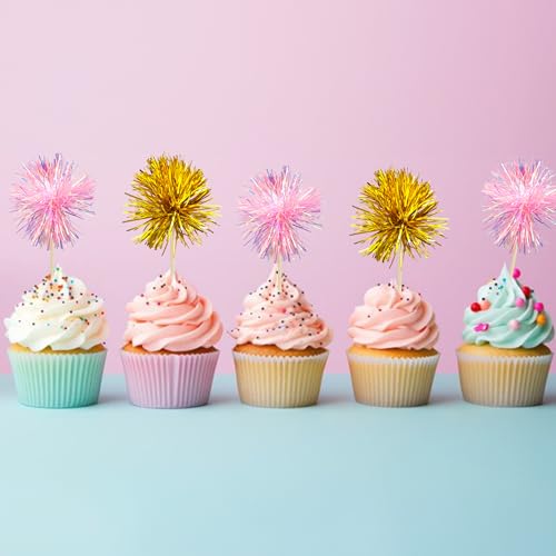 30Pcs Foil Firework Cupcake Toppers Sparkle Tinsel Cake Toppers Tinsel Drink Cake Decoration Cocktail Picks for Birthday Wedding Graduation Party Supplies Gold Pink (30 Count)