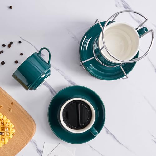 8 Ounce Stackable Cappuccino Cups with Saucers and Metal Stand (4 Count)
