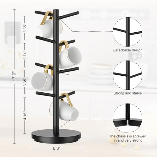 Coffee Mug Holder Tree Upgraded 360Rotated Cup Holder for Counter Black Wood Cup Tree Mug Rack Organizer Stand with 8 Hooks for Kitchen Coffee Bar Accessories