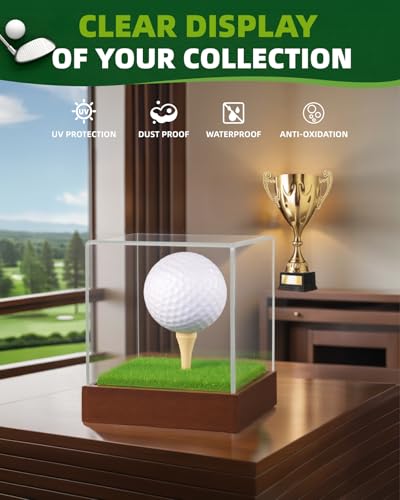 Single Golf Ball Acrylic Display Cube Wood Base with Tee