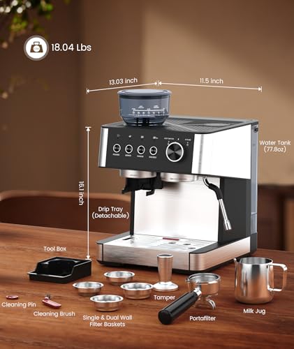 2026 Upgrade) Espresso Machine with Grinder, Expresso Coffee Machines with Built-in Anti-Clog Coffee Grinder/Milk Steam Wand/Frother, Expresso Machines for Home Perfect Cappuccino & Latte-Gloss Black