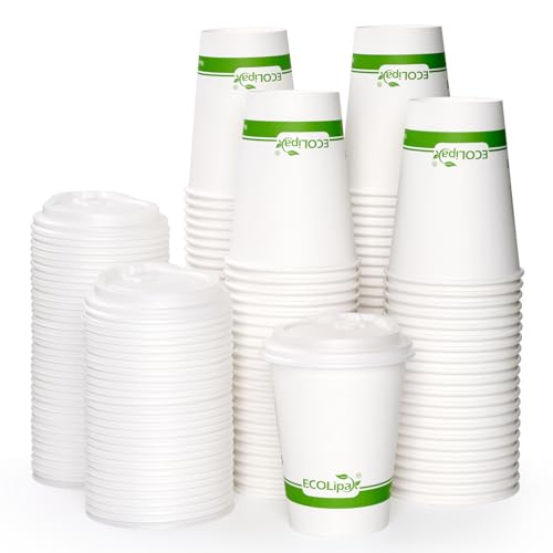 100 Count 12 oz Compostable Paper Coffee Cups with CPLA Lid