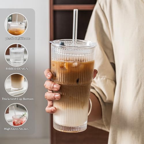20 oz Ribbed Glass Tumblers with Lids and Glass Straws