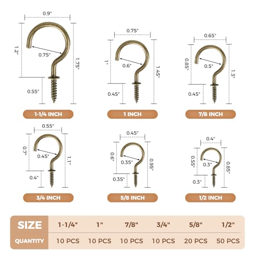 Screw Hooks 6 Sizes Metal Screw in Cup Hooks (110 Count)