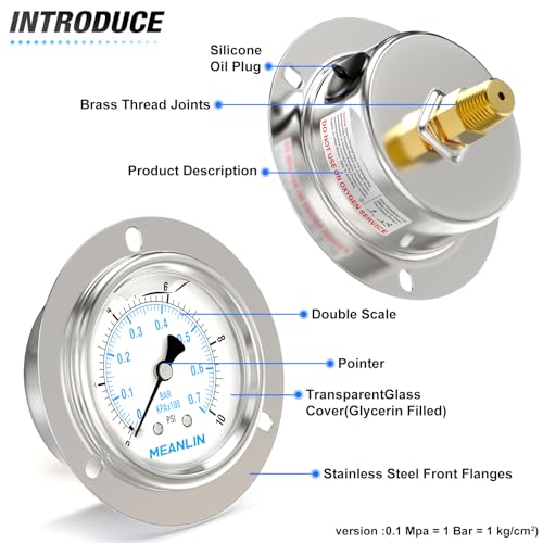 0~10Psi Liquid Filled Pressure Gauge Front Flange Panel Mount