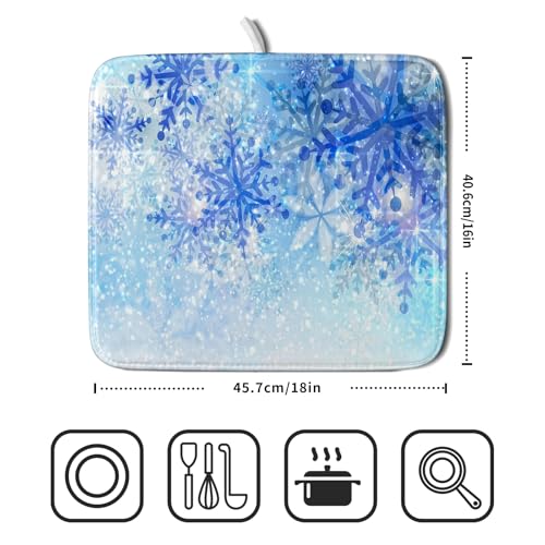 16"x18" Winter Blue Snowflakes Dish Drying Mat Christmas Snow Falling Nature Ice Dish Drainer Mats for Kitchen Microfiber Reversible Dish Drying Rack Pad for Countertop Tabletop Decor