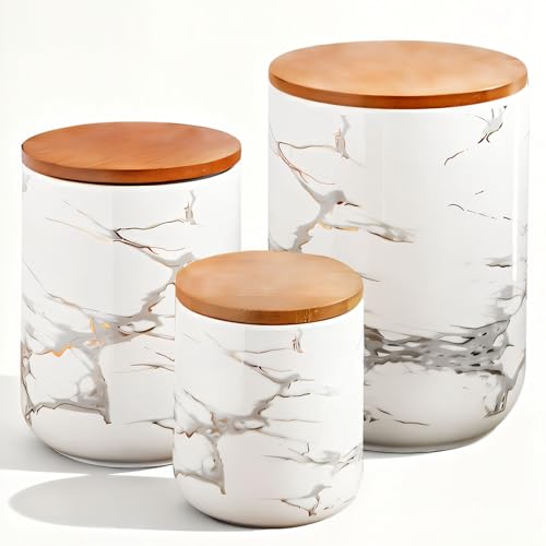 White Marble Ceramic Canister with Bamboo Lid (3 Count)