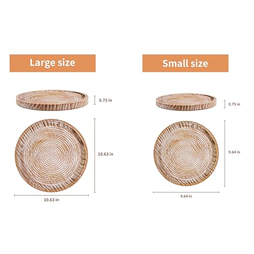 Rustic Wooden Serving Tray Set of 2 Round Wood Decorative Tray Centerpiece Dining Room Table Farmhouse Platter for Food (2 Count)