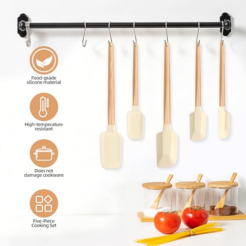 Wooden Handle Silicone Rubber Spatula Set 5 Piece for Kitchen Baking (5 Count)