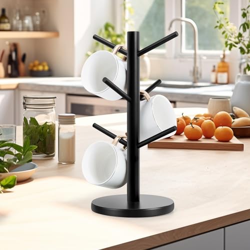 Wood Mug Holder Tree with 6 Hooks for Countertop
