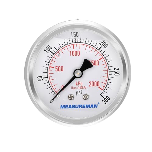 2-1/2 inch Dial Size, Liquid Filled Pressure Gauge, 0-300psi/2000kpa, 304 Stainless Steel Case, 1/4 inch NPT Back Mount
