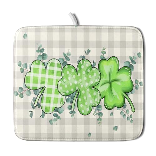 Patrick Dish Drying Mat for Kitchen Green Clovers Grey Buffalo Plaids Dish Drainer Mats 16x18inch Spring Leaf Dish Drying Rack Pad Protector for Countertop Dining Holiday Decor
