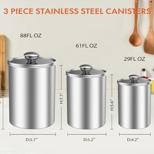 3 Piece Stainless Steel Food Storage Canister Set with Clear Lid (3 Count)