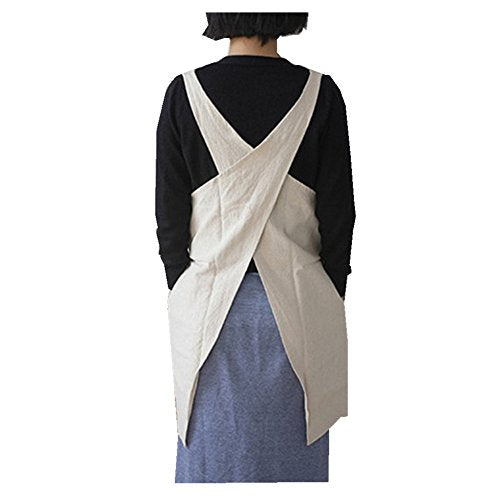 Soft Cotton Linen Apron Solid Color Halter Cross Bandage Aprons Japanese Style X Shape Double Pockets Kitchen Cooking Clothes Gift for Women Chef Housewarming