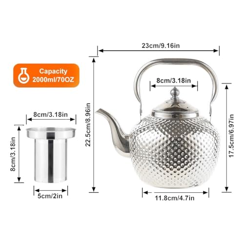 2000ml Teapot with Infuser Stainless Steel Lifting Handle Tea Maker Silver