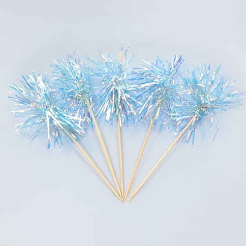 30Pcs Foil Firework Cupcake Toppers Sparkle Tinsel Cake Toppers Tinsel Drink Cake Decoration Cocktail Picks for Birthday Wedding Graduation Party Supplies Laser Blue (30 Count)