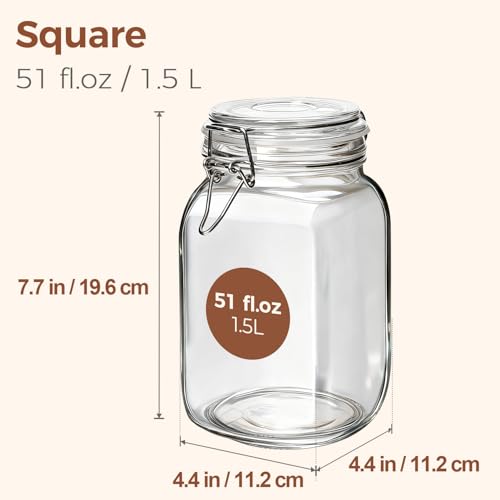 Square Glass Canisters 51 oz 3 Pack for Flour Sugar Coffee Pantry (3 Count)