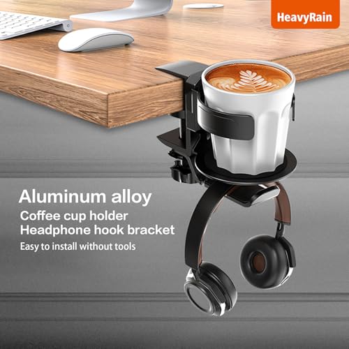 Aluminum Under Desk Cup Holder with Headphone Hook & Cable Clip