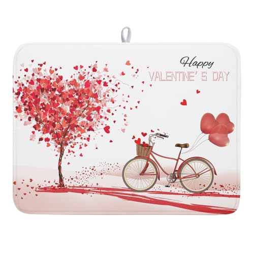 Romantic Valentine's Day Dish Drying Mat for Kitchen Valentines Bike and Tree Dish Drying Pad 18x24 Absorbent Reversible Happy Valentine Dishes Drainer Pad Holiday Dish Drying Rack Mat for Countertop