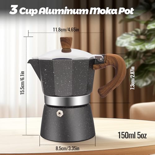 3 Cup Aluminum Moka Pot Classic Stovetop Espresso Coffee Maker 150ml 5oz Coffeemaker Percolator Mocha Pot Greca Coffee Maker Cafe Makers for Italian and Cuban Café Brewing Gray (5 Ounce)