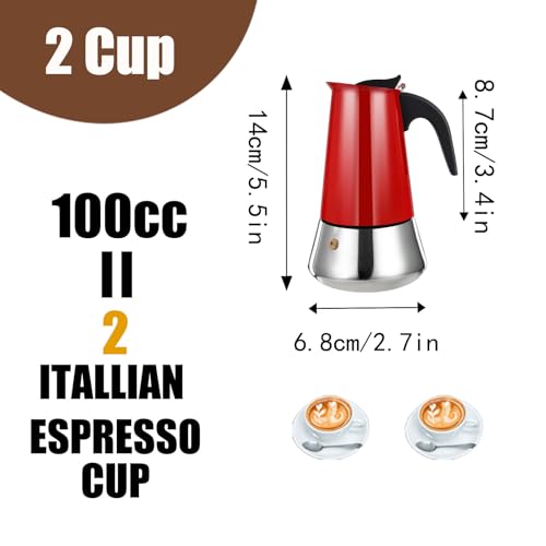 2 Cup Stovetop Espresso Maker Stainless Steel Moka Pot Stove Top Percolator Italian Coffee Makers Capable Mocha Greca Machine Cafe Classic Induction Cookers for Home and Camping 100ml 3.3oz