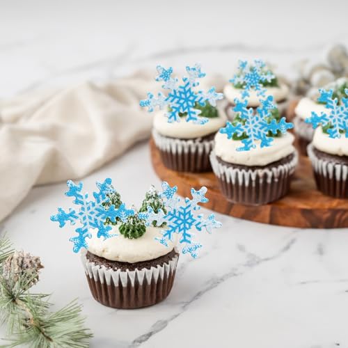 50Pcs Pink Edible Cupcake Cake Toppers Snowflake Cake Decorations for Christmas Winter Frozen Theme Party Supply Decoration Multi (50 Count)