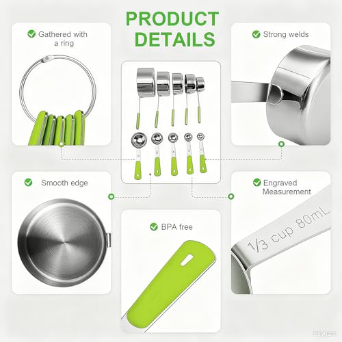 Measuring Cups and Spoons Set Stainless Steel 10 Piece for Cooking and Baking (10 Count)