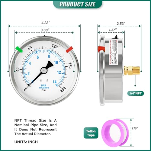 0 200PSI Stainless Steel Liquid Filled Pressure Gauge