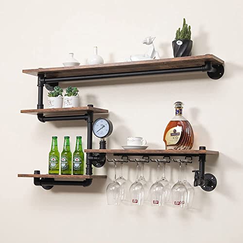 Industrial Pipe Shelves Wine Rack Wall Mounted with 4 Stem Glass Holder