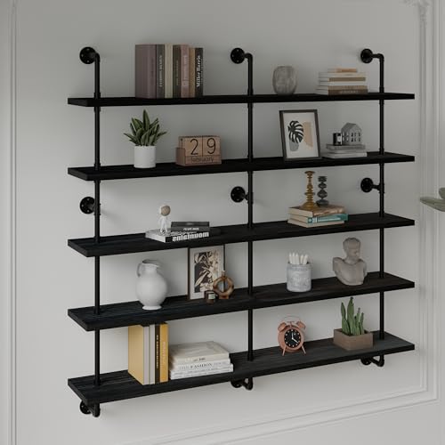 Floating Shelves for Wall Bookshelf Industrial Pipe Shelving Shelves 60 Inch 5 Tier Natural Wood Planks Rustic Wall Shelves Hanging Bookshelves Farmhouse Kitchen Shelving