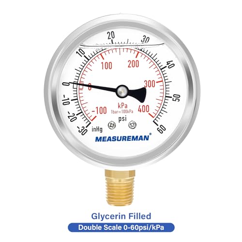 2-1/2" Dial Size, Glycerin Filled Pressure Gauge, 30inHG-60psi, 304 Stainless Steel Case, 1/4" NPT Lower Mount