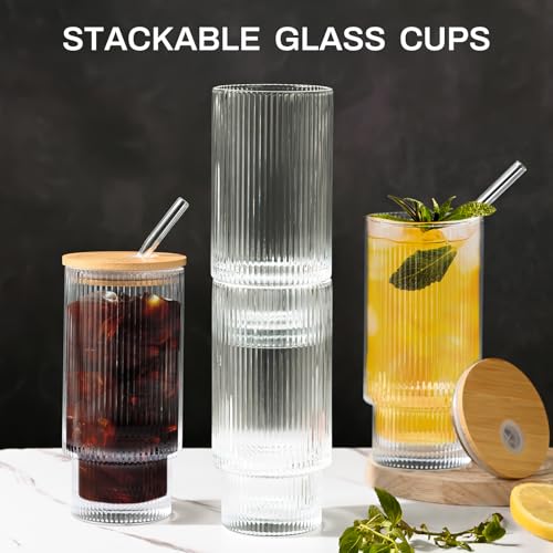 16OZ Ribbed Glass Cups with Lids and Straws