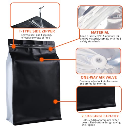 New 2.5 KG Large Capacity Coffee Bags with Valve (50 Count)
