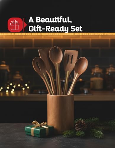 Acacia Utensil Set of 5 with Holder (6 Count)