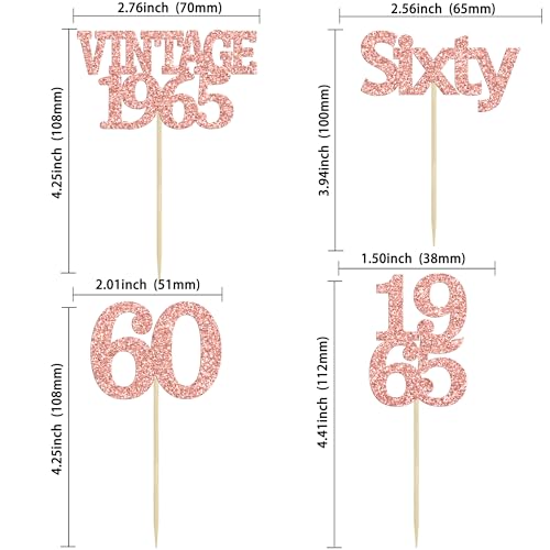24Pcs 60th Birthday Cupcake Toppers Cheers to 60 Fabulous Sixty Cupcake Picks Vintage 1965 Decorations for 60th Birthday Wedding Anniversary Party Cake Decorations Supplies Rose Gold (24 Count)