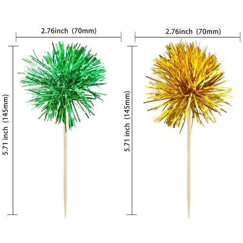 30Pcs Foil Firework Cupcake Toppers Sparkle Tinsel Cake Toppers Tinsel Drink Cake Decoration Cocktail Picks for Birthday Wedding Graduation Party Supplies Gold Green (30 Count)