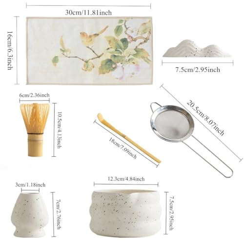 7 piece matcha kit includes matcha bowl. white speckled matcha tea set with bamboo whisk (7 Count)