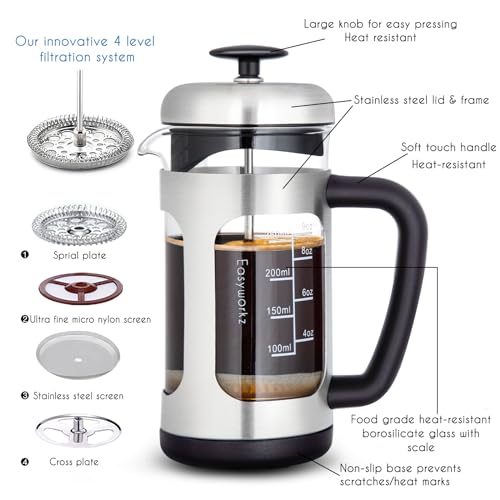 Stainless Steel French Press 12 oz Coffee Tea Maker with Soft Grip Handle
