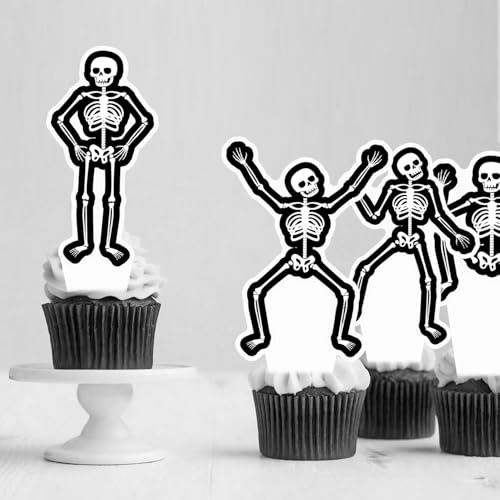 Dancing Skeleton Halloween Cupcake Toppers 48PCS Black Skull Party Cake Decorations Skeleton Cupcake Picks Halloween Birthday Party Decorations for Horror Theme Party Baby Shower Supplies (48 Count)